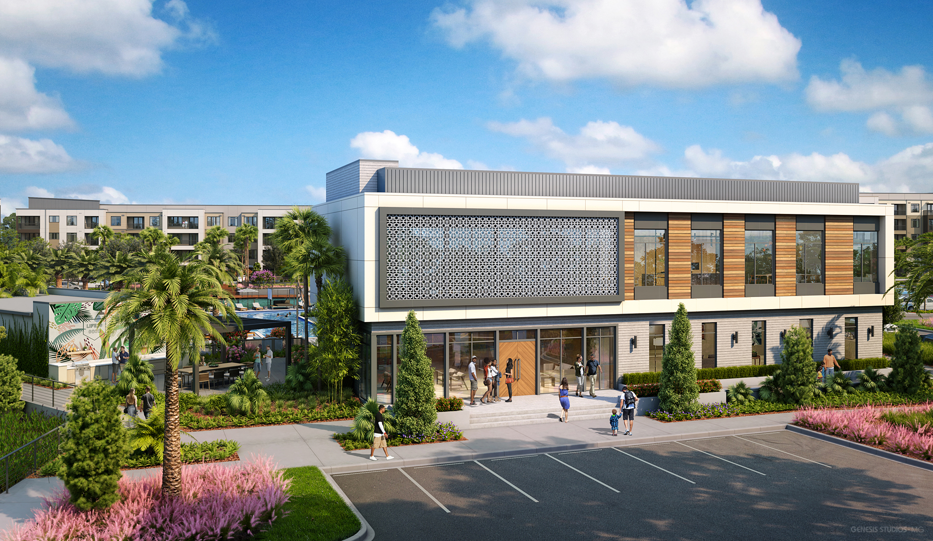 Aerial 3D rendering of a mixed-use multifamily development for real estate developers — entitlement and investor presentation visualization