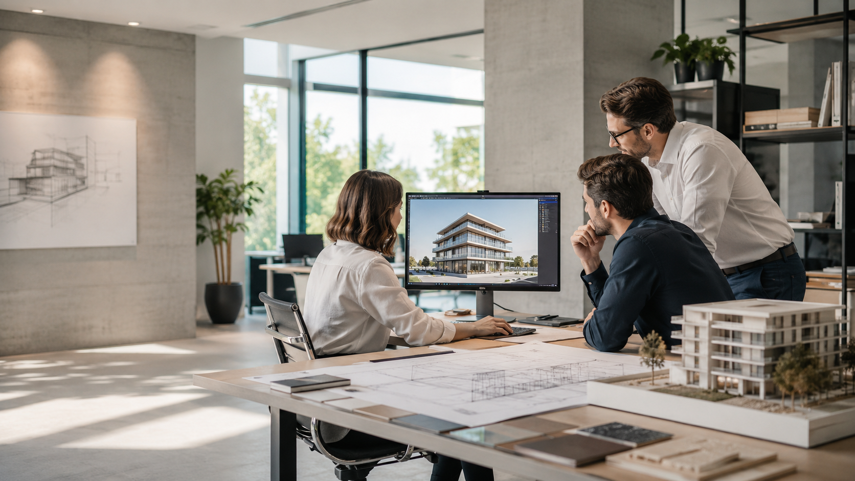 Architecture firm workspace with blueprints and dual monitors displaying 3D building renders — design visualization partner for architects