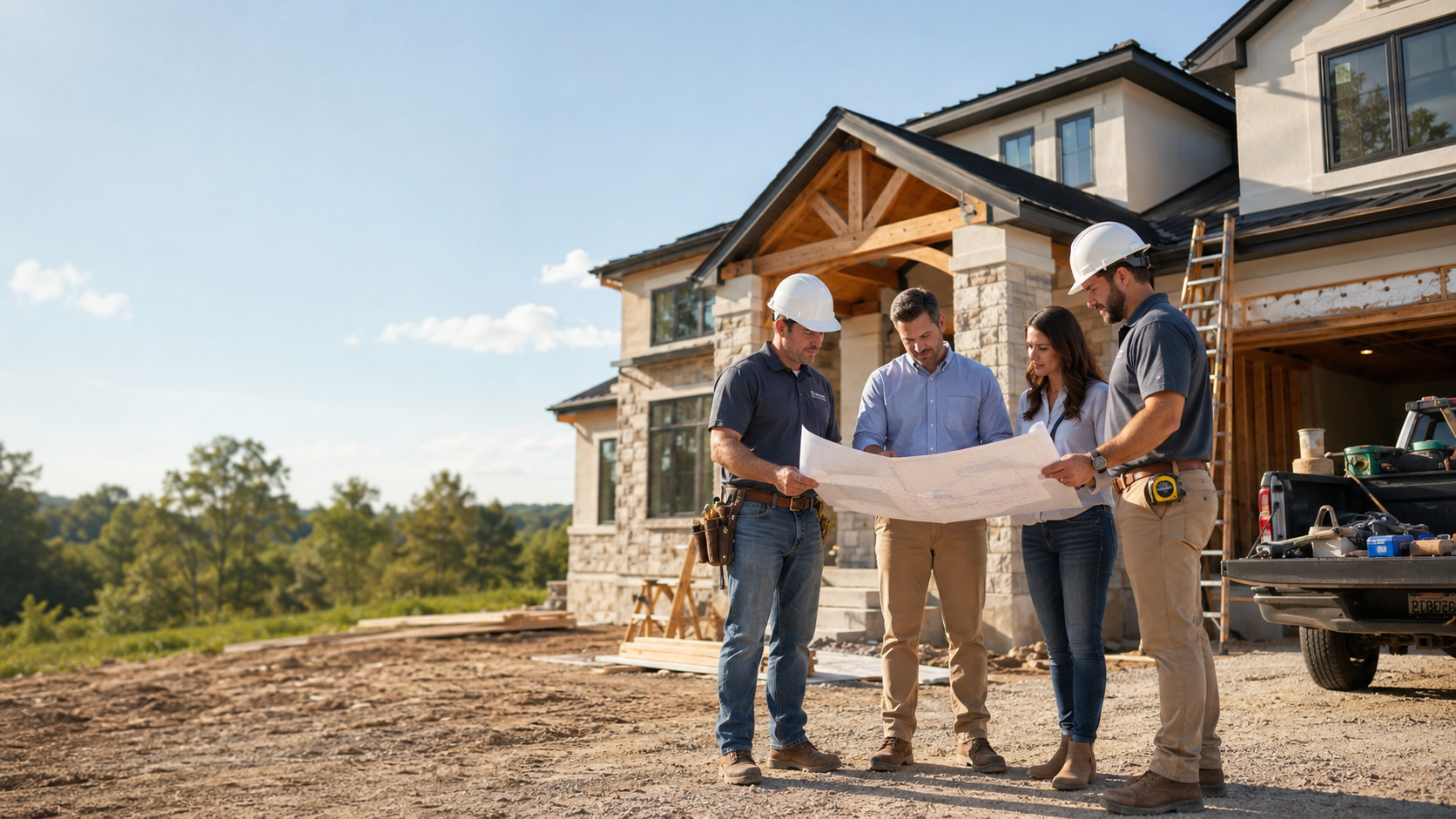 Custom home builder reviewing 3D architectural rendering plans on a Central Florida construction site — residential visualization services